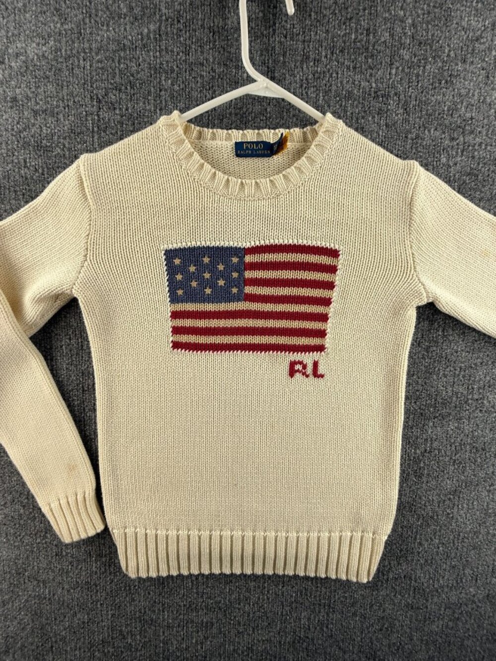 Polo Ralph Lauren QR USA Flag Sweater Graphic XS Ivory Womens Cotton Pullover